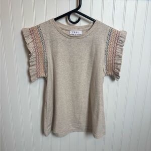 Neutral Ruffle Sleeve Tee with Embroidered Detail